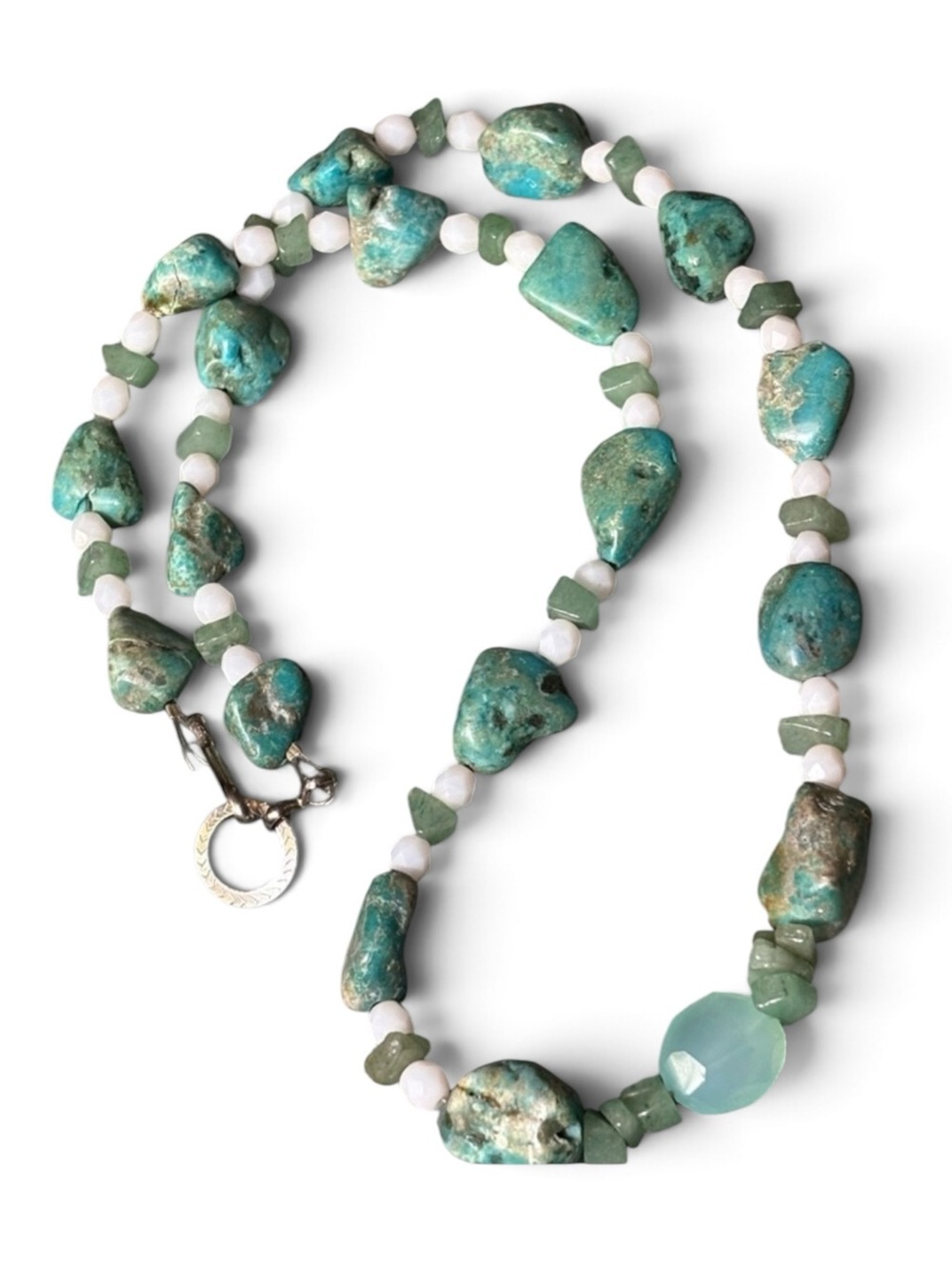 Turquoise Chunk and Sea Glass Beaded Sterling Silver Handmade Necklace